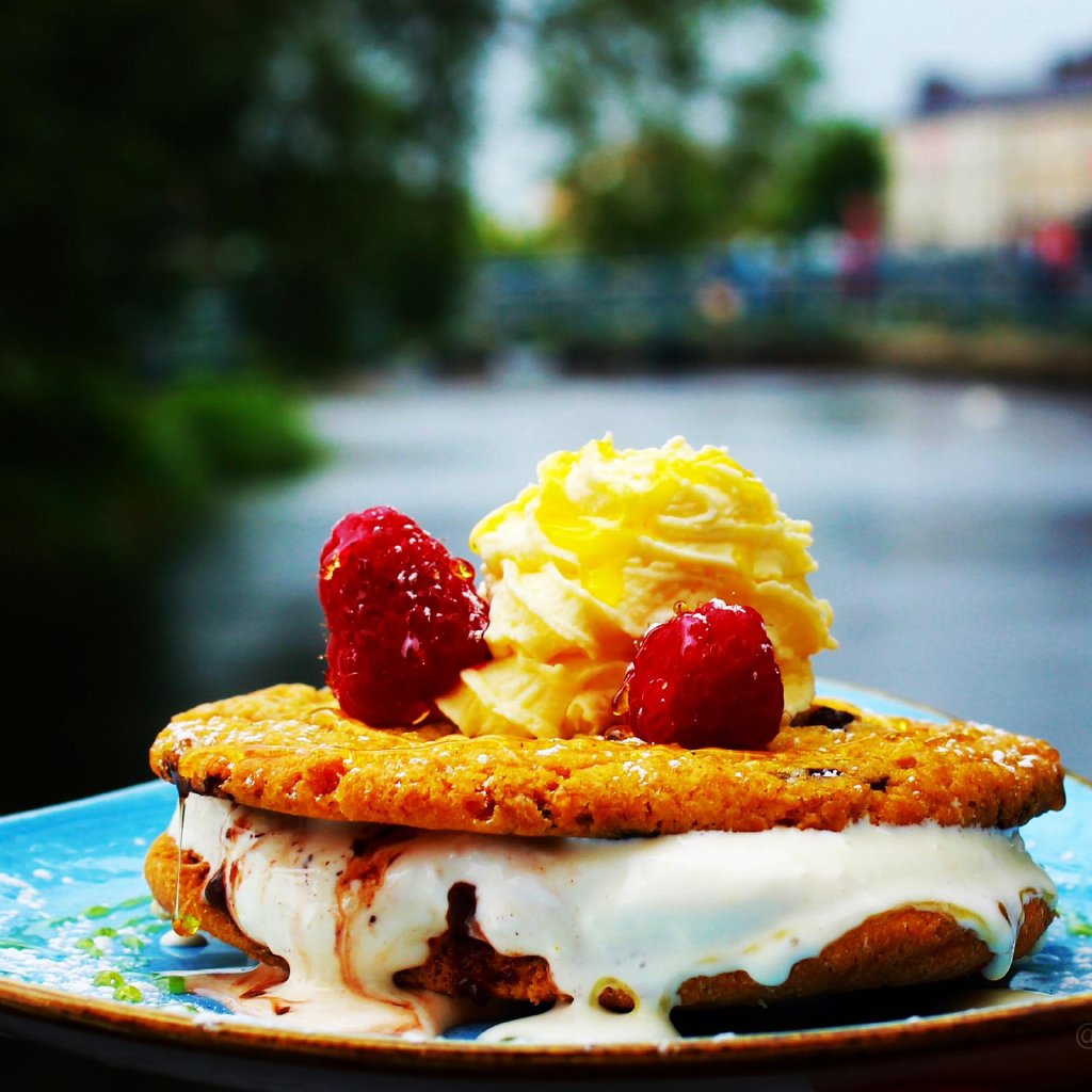 Crispy biscuit dessert with Garavogue River in backgound